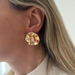 Brinco Botão Dourado com Pedra Transparente